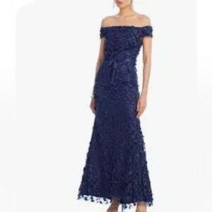 Eliza J Blue Maxi Gown with 3d Flowers - off the shoulder